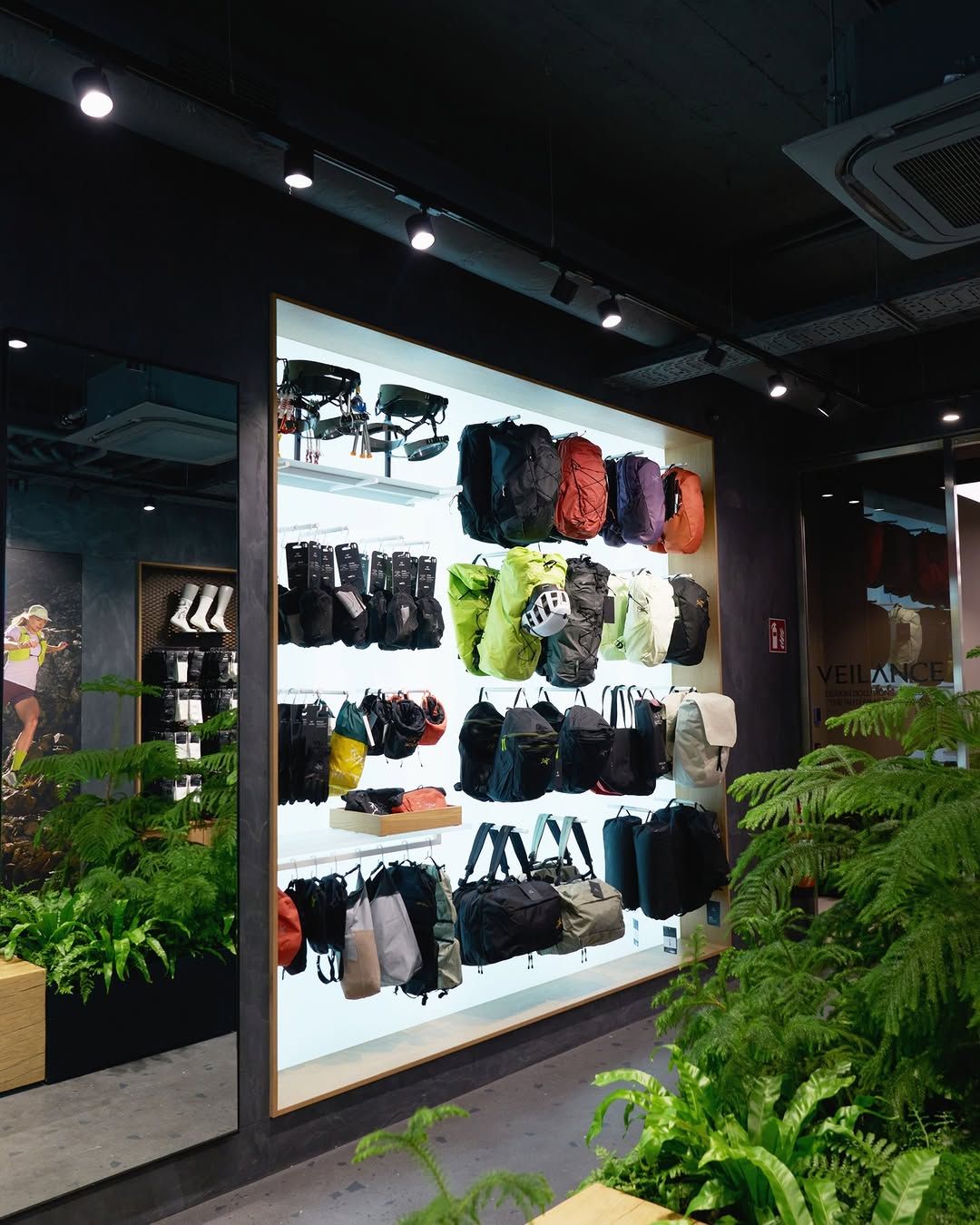 Illuminated accessories display and planting inside the store