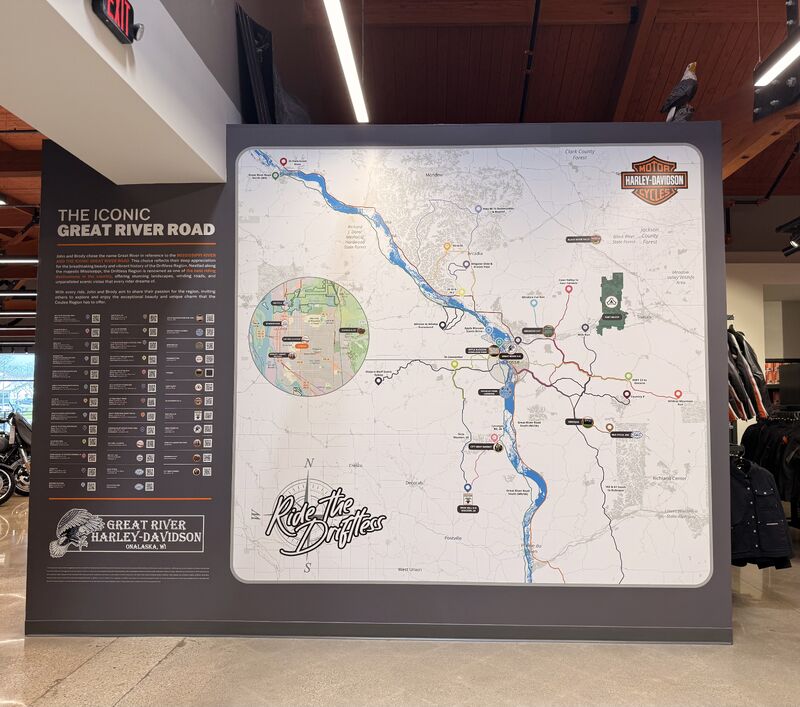 Installed ride wall showing regional routes at Great River Harley-Davidson